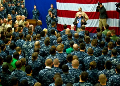 US Navy 111015-N-AC887-004 Secretary of the Navy (SECNAV) the Honorable Ray Mabus speaks to Sailors and Marines during an all-hands call aboard the
