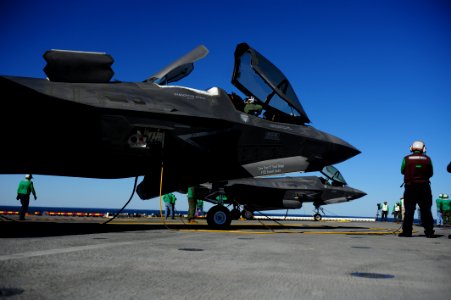 US Navy 111015-N-JP983-033 BF-02, front, and BF-04, two Marine Corps variants of the F-35B Lighting II Joint Strike Fighter, are secured on the fli
