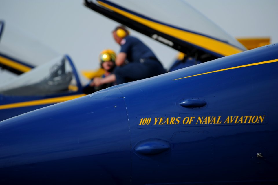 US Navy 111014-N-IR859-007 The F-A-18 Hornets assigned to the U.S. Navy flight demonstration squadron, the Blue Angels, display new graphics in cel