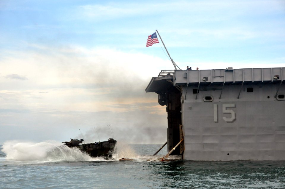 US Navy 111012-N-YX169-338 An amphibious assault vehicle assigned to the 2nd Marine Division from Camp Lejeune, N.C, drives off the stern gate