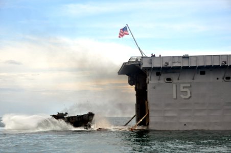 US Navy 111012-N-YX169-338 An amphibious assault vehicle assigned to the 2nd Marine Division from Camp Lejeune, N.C, drives off the stern gate