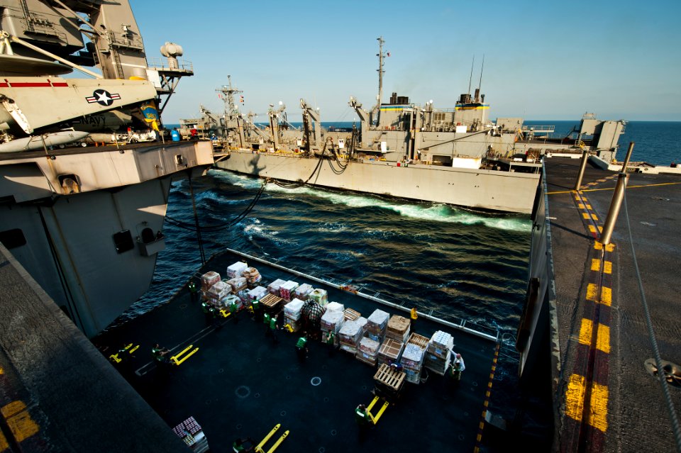 US Navy 111013-N-BT887-238 Sailors remove cargo from an aircraft elevator during a vertical replenishment aboard the Nimitz-class aircraft carrier