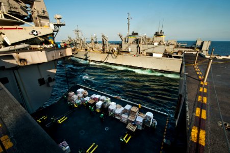 US Navy 111013-N-BT887-238 Sailors remove cargo from an aircraft elevator during a vertical replenishment aboard the Nimitz-class aircraft carrier