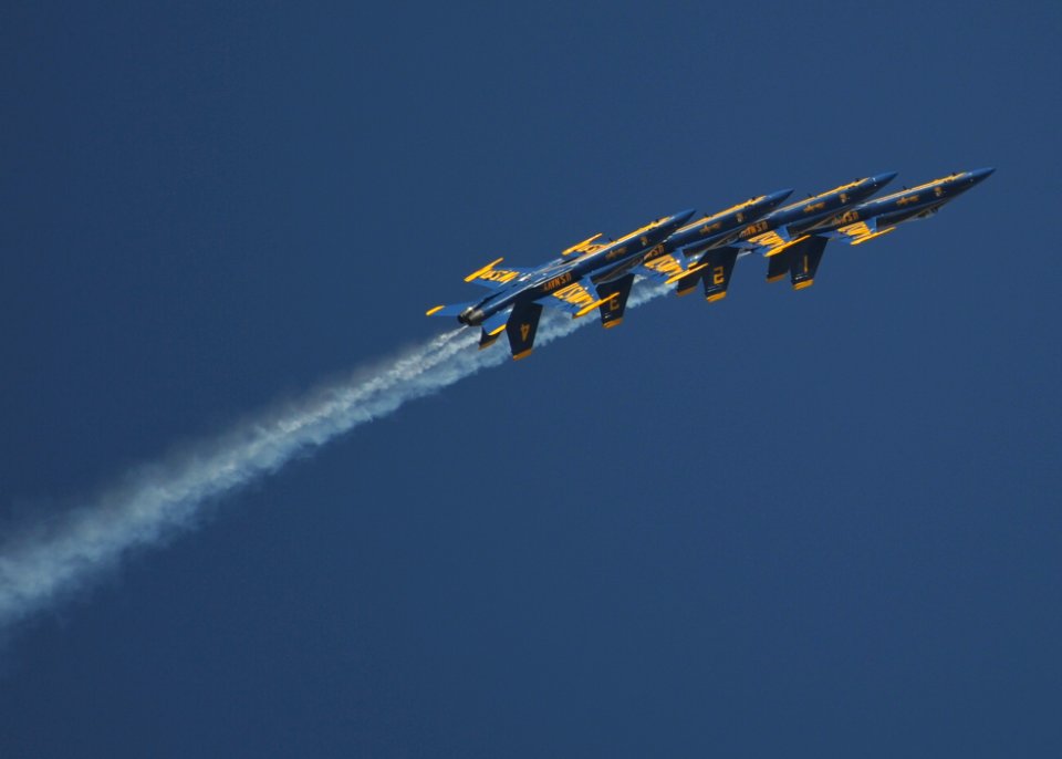 US Navy 111016-N-IR859-019 The U.S. Navy flight demonstration squadron, the Blue Angels, performs the Left Echelon Roll at the Naval Air Station (N