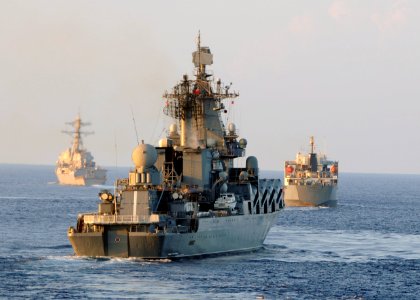US Navy 111013-N-UE250-188 The forward deployed Arleigh Burke-class guided-missile destroyer USS McCampbell (DDG 85), left, leads the Russian Feder