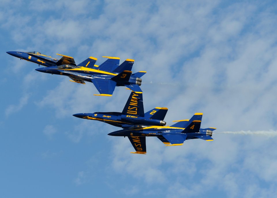 US Navy 111015-N-IR859-035 The U.S. Navy flight demonstration squadron, the Blue Angels, performs the Barrel Roll Break at the Naval Air Station (N