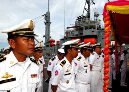US Navy 111020-N-NJ145-032 Royal Cambodian Navy officers stand in ranks with U.S. Navy members during the opening ceremonies for Cooperation Afloat