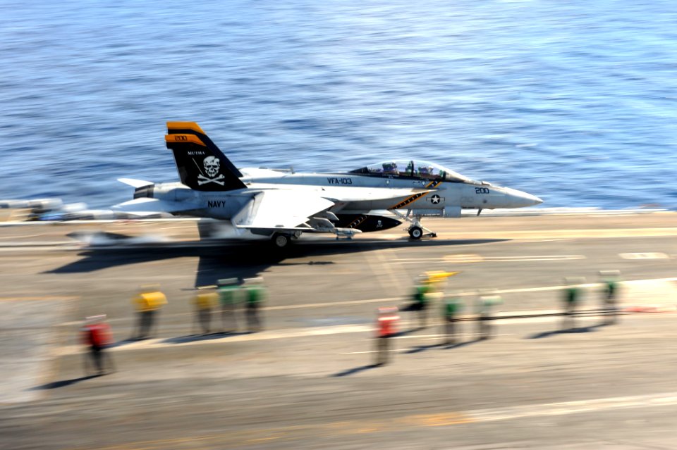 US Navy 111017-N-AU622-089 An F-A-18F Super Hornet assigned to the Jolly Rogers of Strike Fighter Squadron (VFA) 103 launches from the flight deck