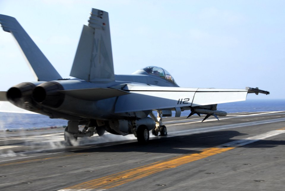 US Navy 111019-N-KF029-059 An F-A-18F Super Hornet assigned to the Black Knights of Strike Fighter Squadron (VFA) 154 launches off the flight deck