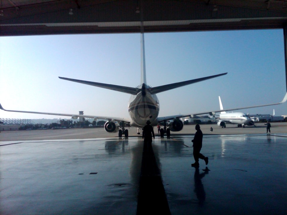 US Navy 111021-N-GO535-756 The Navy's newest C-40A Clipper transport aircraft is backed into the hangar at Fleet Logistics Support Squadron (VR) 57