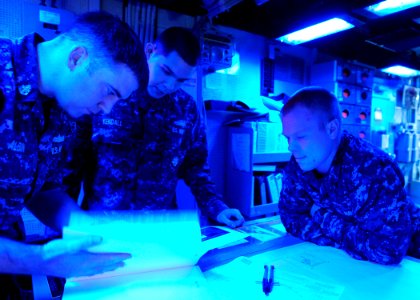 US Navy 111025-N-WJ771-238 Sailors assigned to the forward-deployed amphibious assault ship USS Essex (LHD 2) prepare for a detect-to-engage scenar