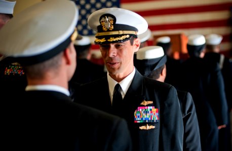 US Navy 111020-N-KK576-056 Capt. John W. Chandler, commanding officer, Naval Network Warfare Command, conducts a dress blue inspection