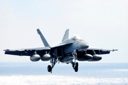 US Navy 111025-N-JO245-052 An F-A 18E Super Hornet assigned to the Eagles of Strike Fighter Squadron (VFA) 115 prepares to land aboard the aircraft