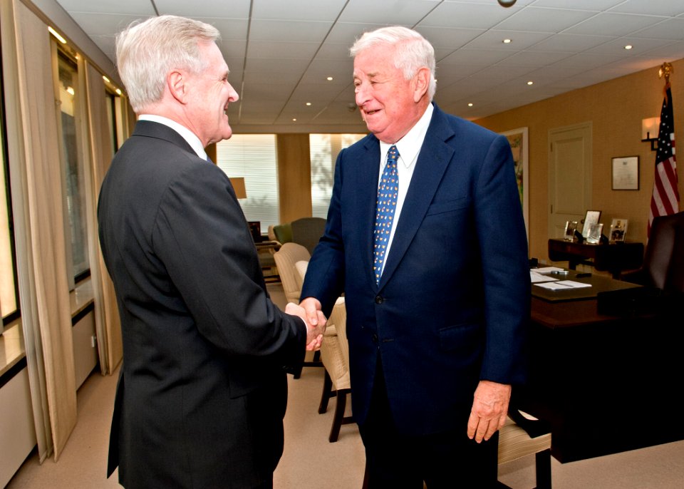 US Navy 111021-N-AC887-001 Secretary of the Navy (SECNAV) the Honorable Ray Mabus greets U.S. Ambassador to the United Kingdom Louis B. Susman