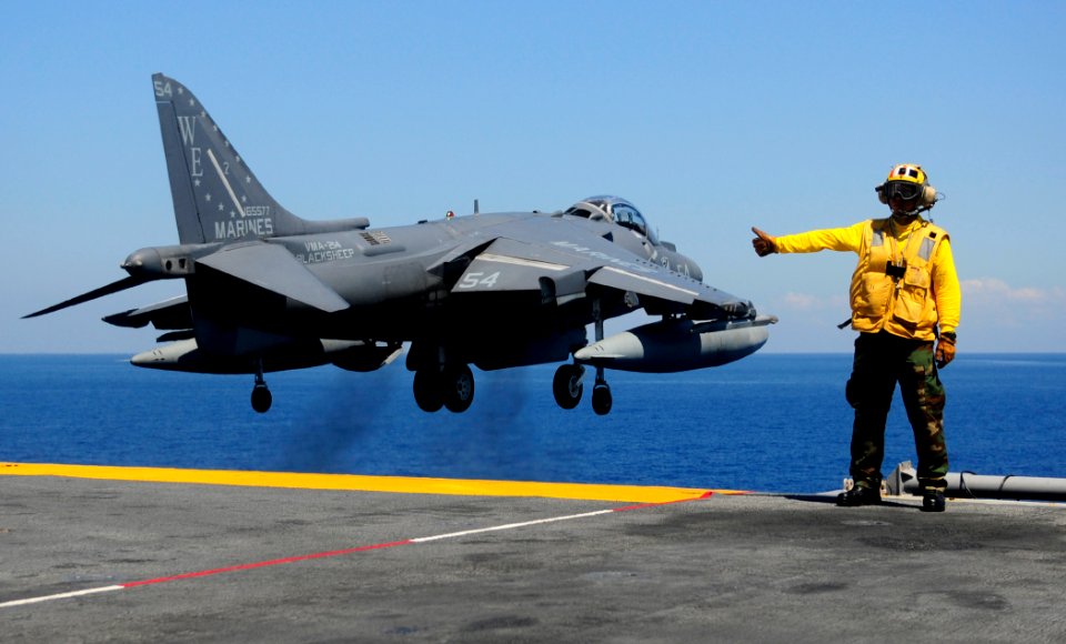 US Navy 111025-N-WJ771-341 An AV-8B Harrier takes off from USS Essex (LHD 2)
