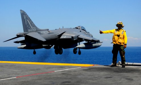 US Navy 111025-N-WJ771-341 An AV-8B Harrier takes off from USS Essex (LHD 2)