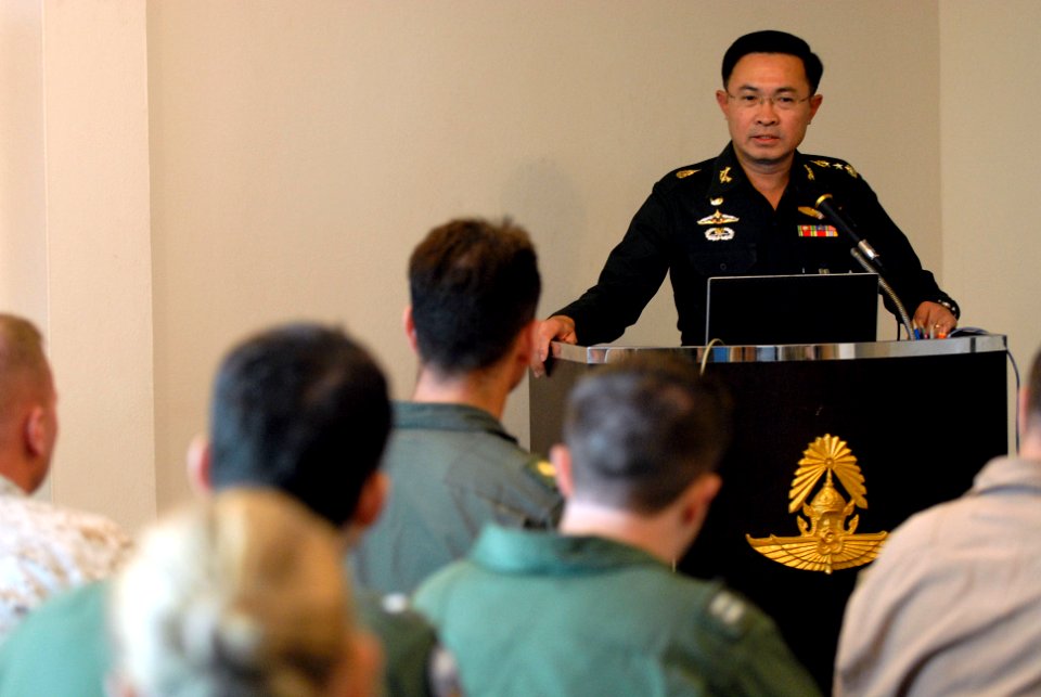 US Navy 111022-N-WW409-184 Royal Thai Armed Forces Lt. Gen. Surapong Suwana-adth addresses service members from the Thai and United States armed fo