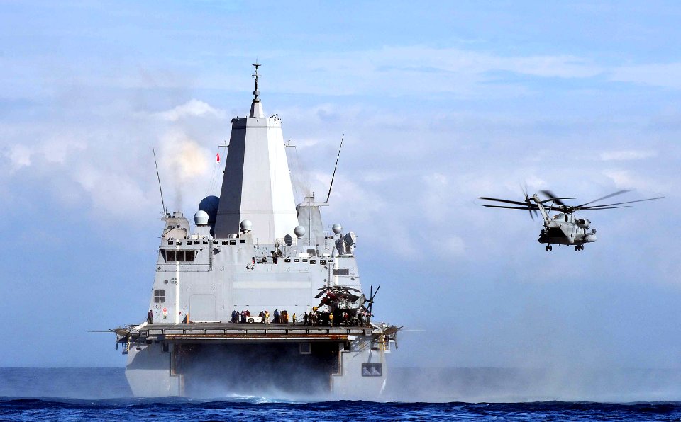 US Navy 111024-N-CT127-337 A CH-53 Sea Stallion helicopter assigned to the Thunder Chickens of Marine Medium Tiltrotor Squadron (VMM) 263 launches