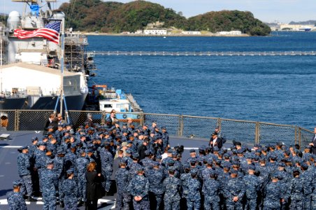 US Navy 111026-N-XG305-529 Secretary of Defense (SECDEF) the honorable Leon Panetta speaks to Sailors assigned to the U.S. 7th Fleet command ship U
