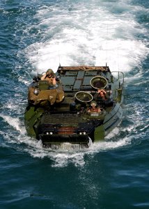 US Navy 111026-N-VE788-036 Amphibious assault vehicles from Marine Battalion Landing Team 12 (BLT 12) transit to the multi-purpose amphibious assau