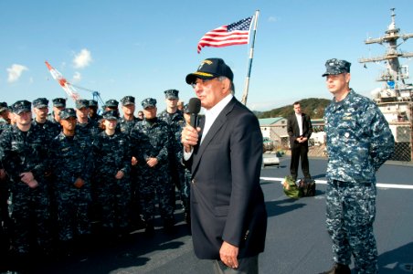 US Navy 111026-N-JN784-034 Secretary of Defense (SECDEF) Leon Panetta speaks with Sailors aboard the U.S 7th Fleet command ship USS Blue Ridge (LCC