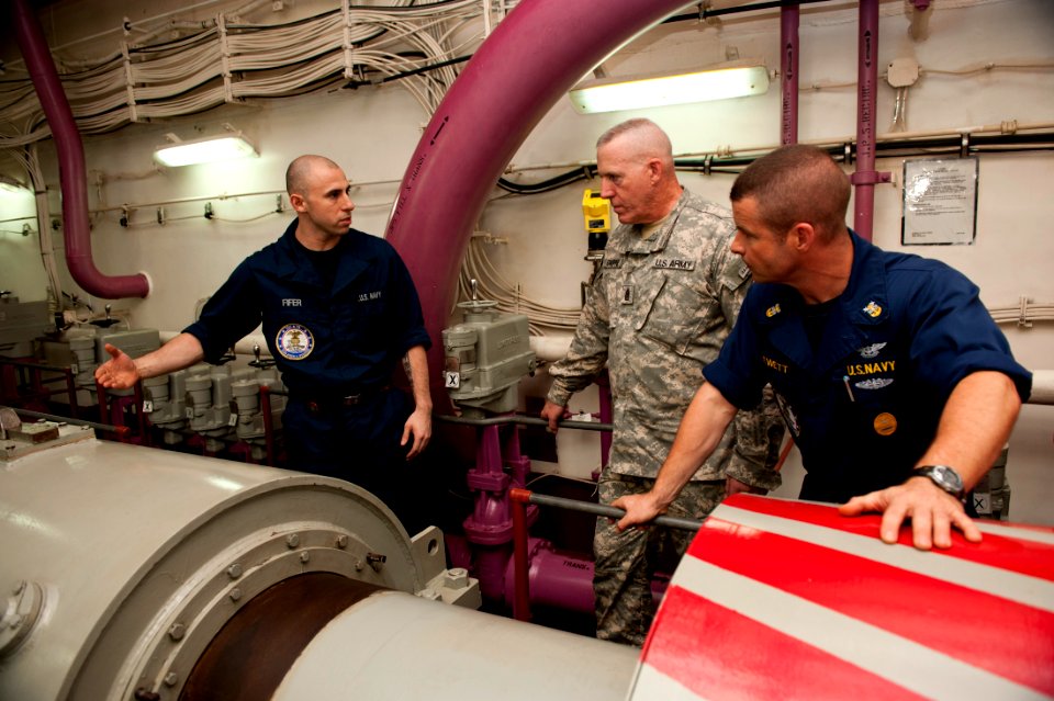 US Navy 111026-N-BT887-490 Command Sgt. Maj. Frank A. Grippe, the senior enlisted leader at U.S. Central Command, tours one of the drive shafts abo