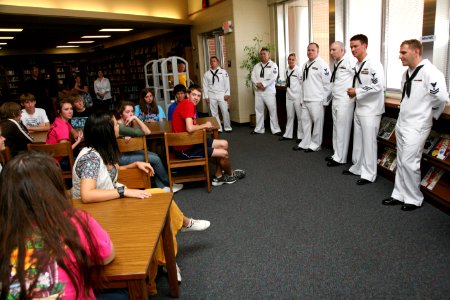 US Navy 111024-N-YM440-197 Members of the U.S. Navy Band, New Orleans Crescent City Krewe, speak to band members of Smithson Valley High School abo