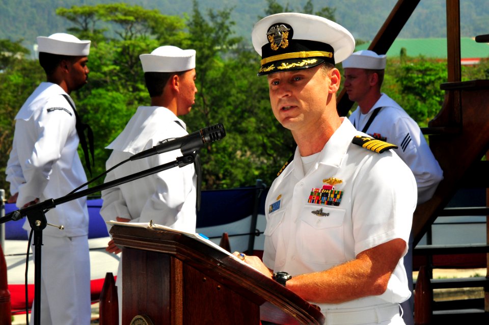 US Navy 111028-N-JH293-094 Capt. Paul E. Savage speaks to the crew during a change of command ceremony aboard the submarine tender USS Emory S. Lan