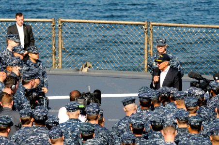 US Navy 111026-N-XG305-527 Secretary of Defense (SECDEF) the honorable Leon Panetta speaks to Sailors assigned to the U.S. 7th Fleet command ship U