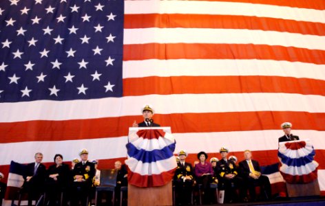 US Navy 111029-N-FC670-115 Chief of Naval Operations (CNO) Adm. Jonathan Greenert delivers remarks during the commissioning for the Virginia-class photo