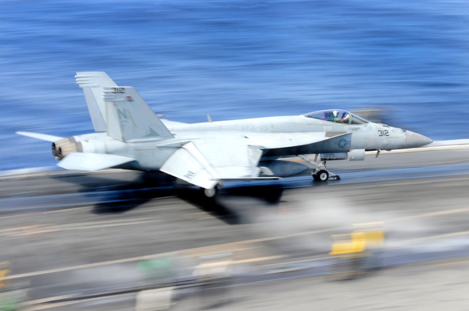 US Navy 111029-N-JO245-104 An F-A-18E Super Hornet from the Eagles of Strike Fighter Squadron (VFA) 115 launches from the aircraft carrier USS Geor