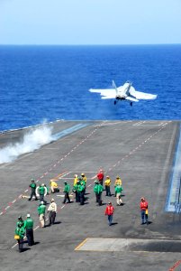 US Navy 111031-N-KF029-058 An F-A-18E Super Hornet assigned to the Argonauts of Strike Fighter Squadron (VFA) 147 launches from the aircraft carrie