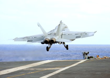 US Navy 111029-N-DS193-007 An F-A-18E Super Hornet from the Royal Maces of Strike Fighter Squadron (VFA) 27 launches from the aircraft carrier USS