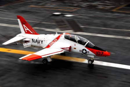 US Navy 111104-N-KF029-095 A T-45C Goshawk training aircraft lands aboard the aircraft carrier USS Ronald Reagan (CVN 76)
