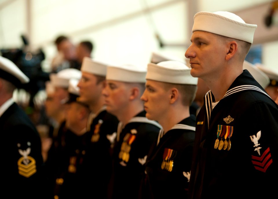 US Navy 111029-N-NY820-054 Submariners attend the commissioning ceremony for the Virginia-class attack submarine USS California (SSN 781) at Naval