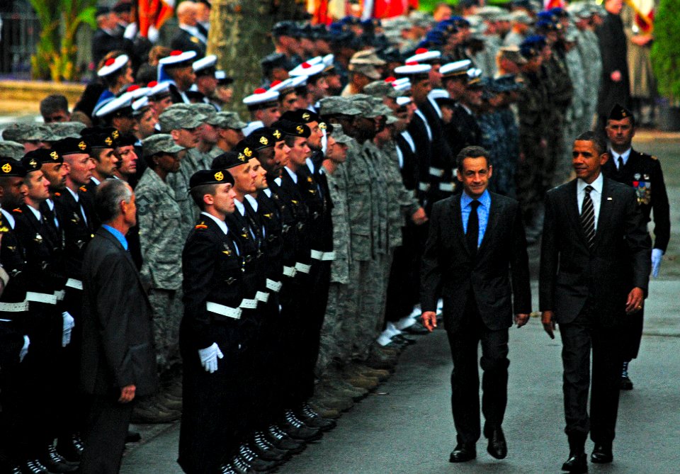 US Navy 111104-N-NW827-072 President Barack Obama and French President Nicolas Sarkozy review French and U.S. service members