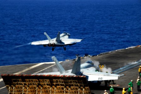 US Navy 111031-N-KF029-033 An F-A-18E Super Hornet assigned to the Argonauts of Strike Fighter Squadron (VFA) 147 launches from the aircraft carrie