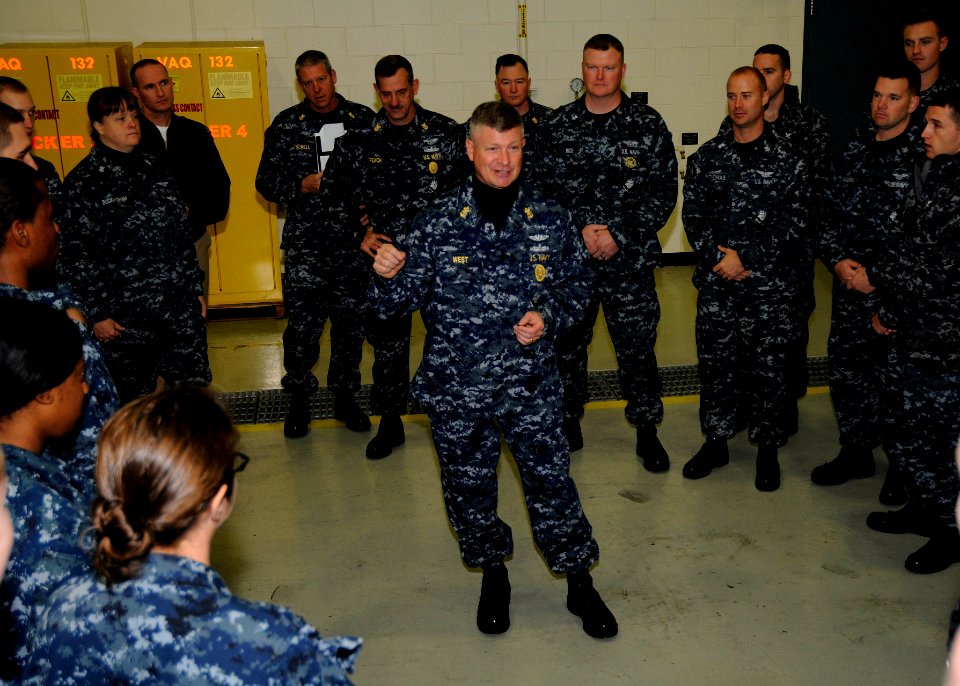 US Navy 111102-N-ZK021-002 Master Chief Petty Officer of the Navy (MCPON) Rick D. West speaks with Sailors assigned to Electronic Attack Squadron (