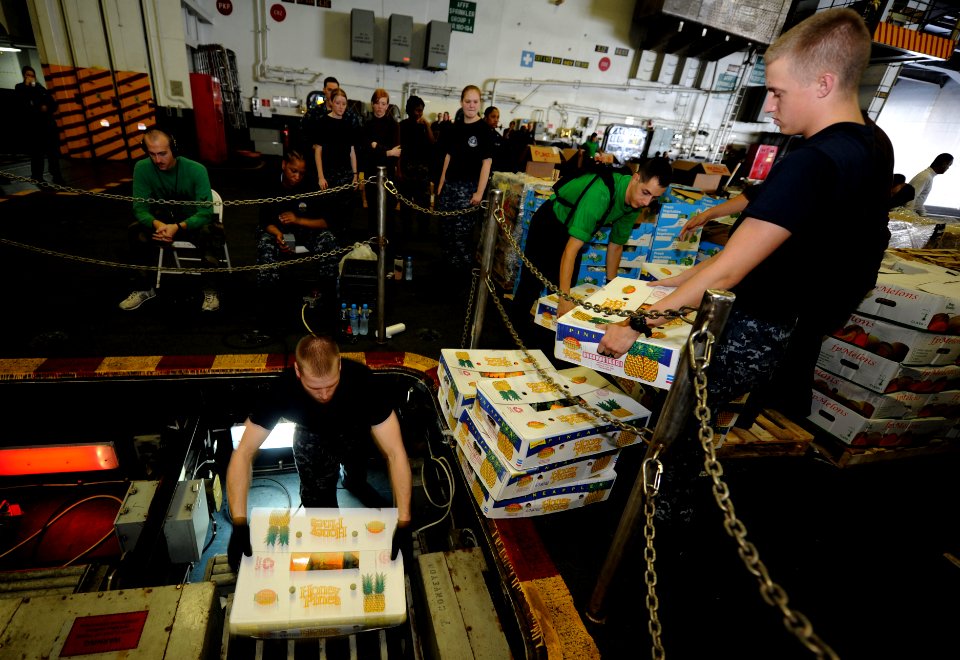 US Navy 111103-N-OY799-265 Sailors send stores down to a storeroom from hangar bay three aboard the Nimitz-class aircraft carrier USS John C. Stenn