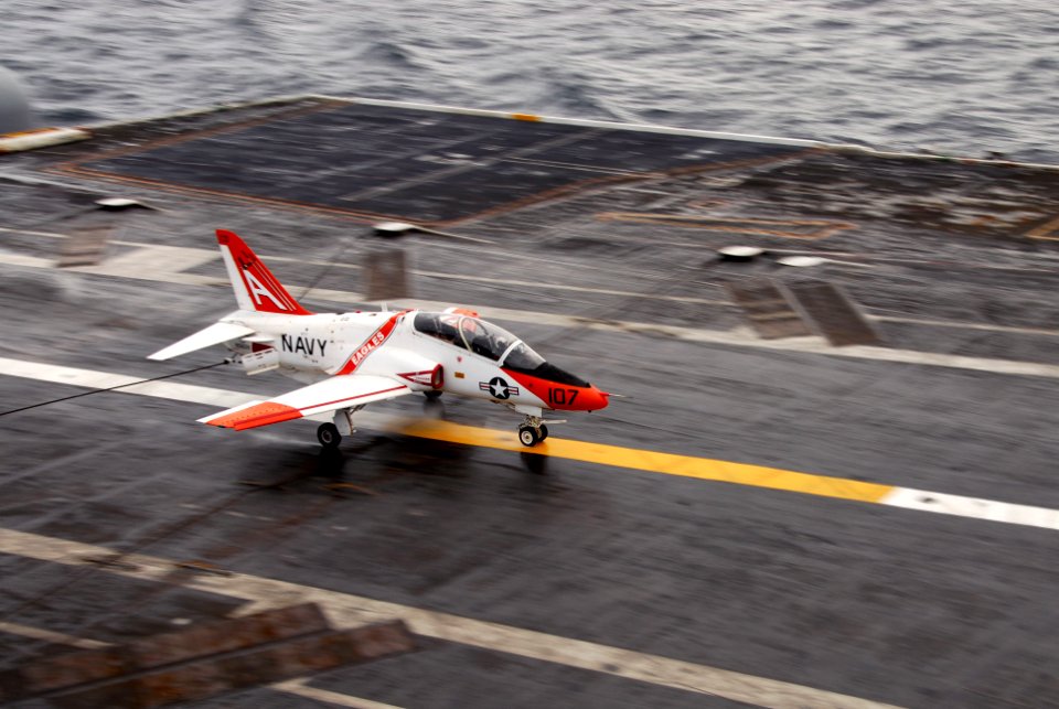 US Navy 111104-N-KF029-060 A T-45C Goshawk training aircraft lands aboard the aircraft carrier USS Ronald Reagan (CVN 76)