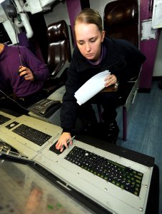US Navy 111108-N-TB177-028 Aviation Boatswain's Mate (Fuel) 3rd Class Christina L. Emerson motor strips the fuel tanks aboard the aircraft carrier