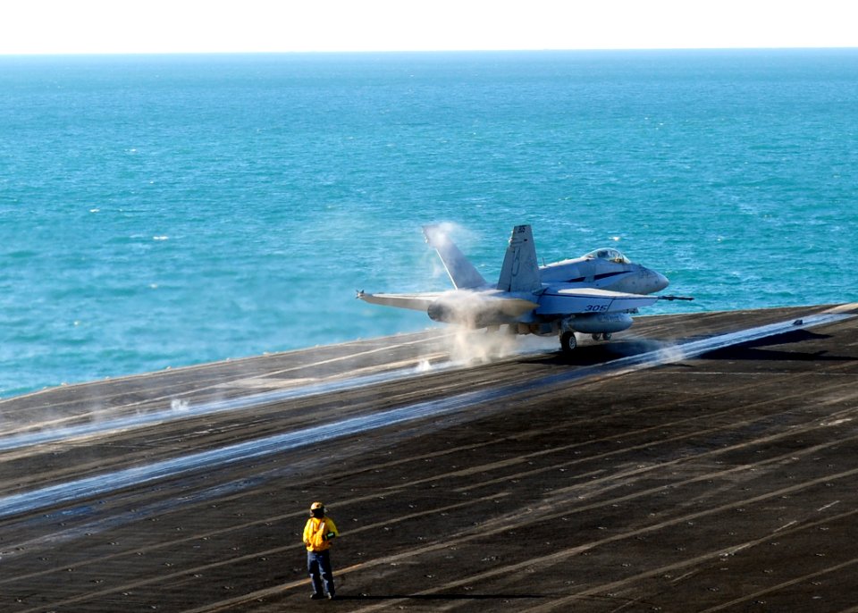 US Navy 111103-N-QL471-182 An F-A-18C Hornet assigned to Strike Fighter Squadron (VFA) 15 takes off from the aircraft carrier USS George H.W. Bush