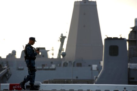US Navy 111103-N-ZC343-188 A security rover patrols the flight deck of the amphibious assault ship USS Bonhomme Richard (LHD 6) at Naval Base San D