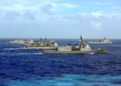 US Navy 111104-N-DS193-044 U.S. Navy and Japan Maritime Self-Defense Force ships transit in formation during Annual Exercise 2011