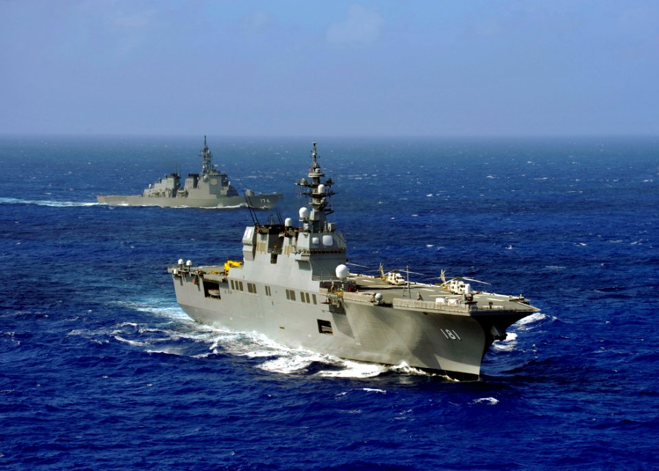 US Navy 111104-N-DS193-090 The Japan Maritime Self-Defense Force helicopter destroyer JS Hyuga (DDH 181) prepares to turn from a formation of U.S