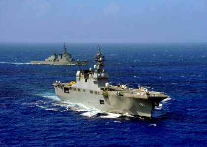 US Navy 111104-N-DS193-090 The Japan Maritime Self-Defense Force helicopter destroyer JS Hyuga (DDH 181) prepares to turn from a formation of U.S