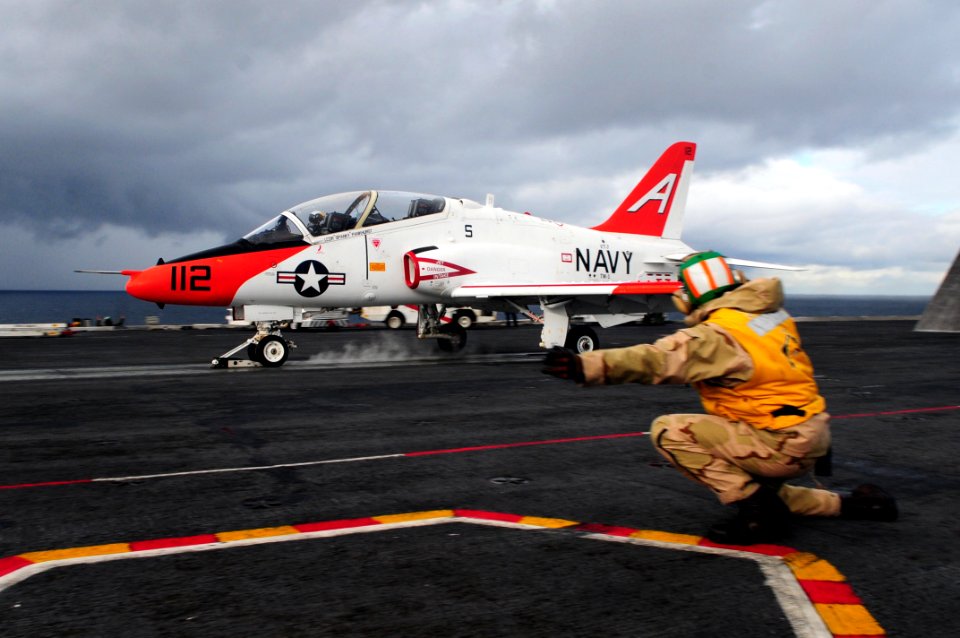 US Navy 111104-N-UO379-107 A T-45C Goshawk training aircraft assigned to the Eagles of Training Squadron (VT) 7 launches from the aircraft carrier