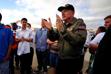 US Navy 111104-N-YR391-010 Retired Adm. Mark Fitzgerald talks to Navy Junior ROTC units about aircraft that will perform at the 2011 Naval Air Stat photo