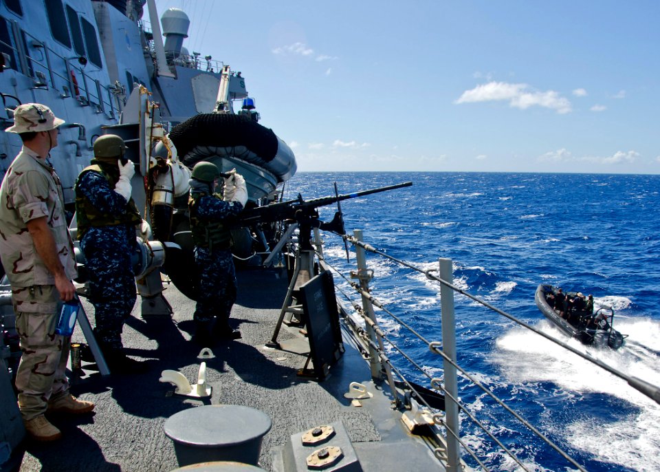 US Navy 111110-N-RI884-041 Sailors aboard the guided-missile destroyer USS O'Kane (DDG 77) observe a rigid-hull inflatable boat photo