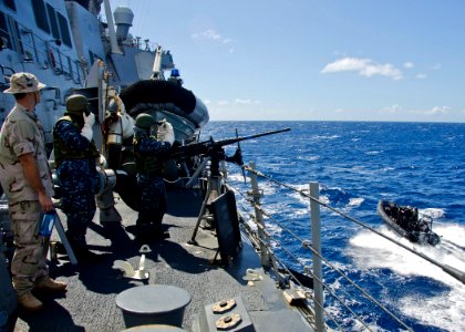 US Navy 111110-N-RI884-041 Sailors aboard the guided-missile destroyer USS O'Kane (DDG 77) observe a rigid-hull inflatable boat